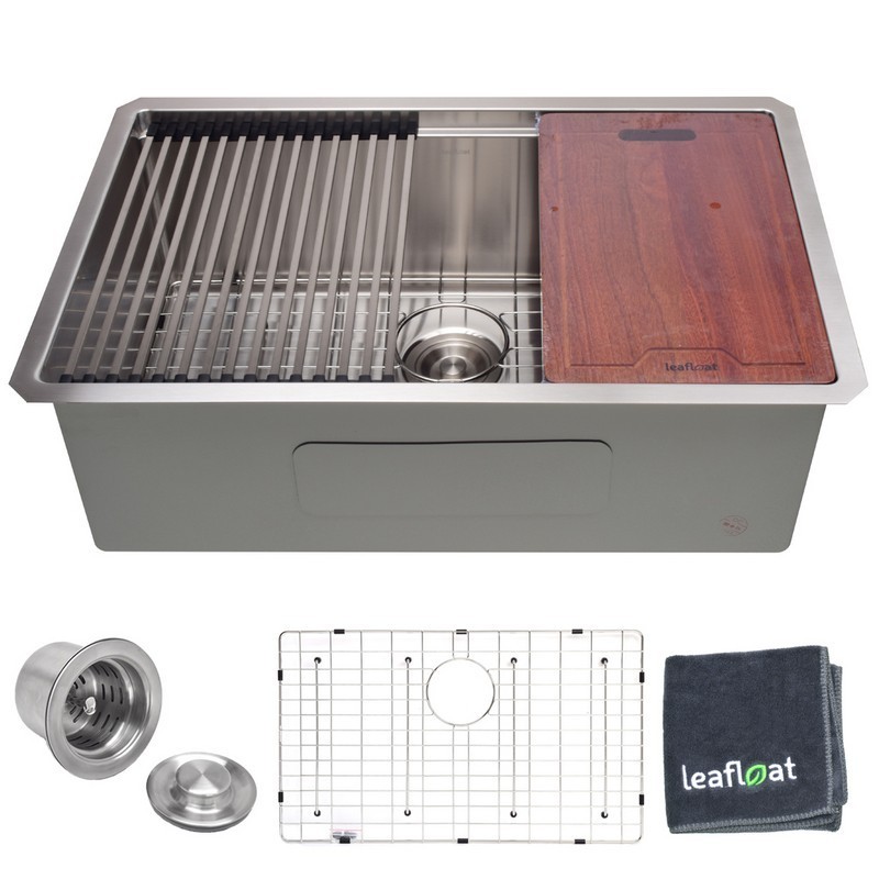 LEAFLOAT LF-L3019D 30 INCH UNDERMOUNT SINGLE BOWL 16 GAUGE STAINLESS STEEL WORKSTATION KITCHEN SINK WITH STRAINER AND BOTTOM GRID - SATIN