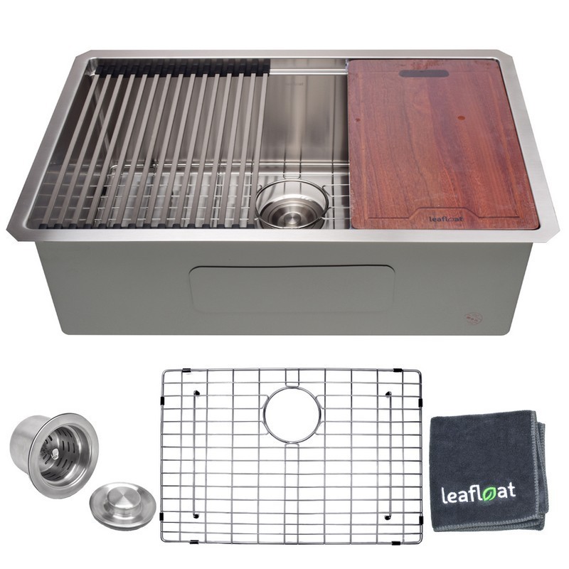 LEAFLOAT LF-L3219D 32 INCH UNDERMOUNT SINGLE BOWL 16 GAUGE STAINLESS STEEL WORKSTATION KITCHEN SINK WITH STRAINER AND BOTTOM GRID - SATIN