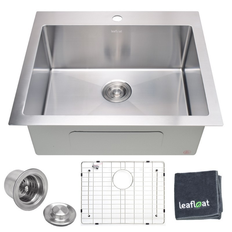 LEAFLOAT LF-TR2522 25 INCH TOPMOUNT SINGLE BOWL 16 GAUGE STAINLESS STEEL KITCHEN SINK WITH STRAINER AND BOTTOM GRID - SATIN
