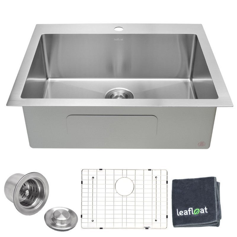 LEAFLOAT LF-TR2822 28 INCH TOPMOUNT SINGLE BOWL 16 GAUGE STAINLESS STEEL KITCHEN SINK WITH STRAINER AND BOTTOM GRID - SATIN