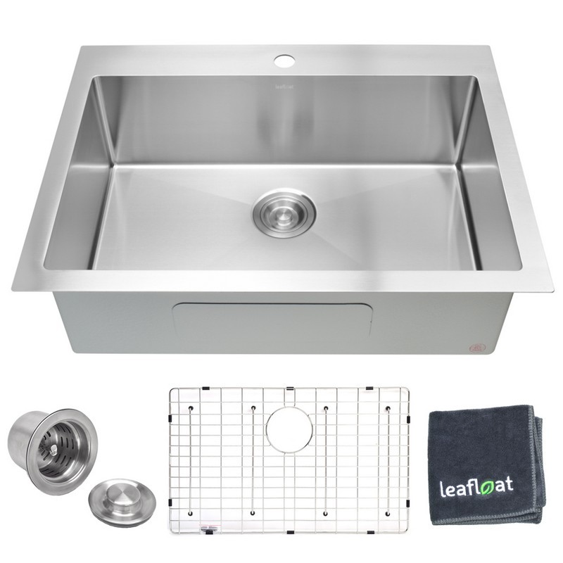 LEAFLOAT LF-TR3022 30 INCH TOPMOUNT SINGLE BOWL 16 GAUGE STAINLESS STEEL KITCHEN SINK WITH STRAINER AND BOTTOM GRID - SATIN
