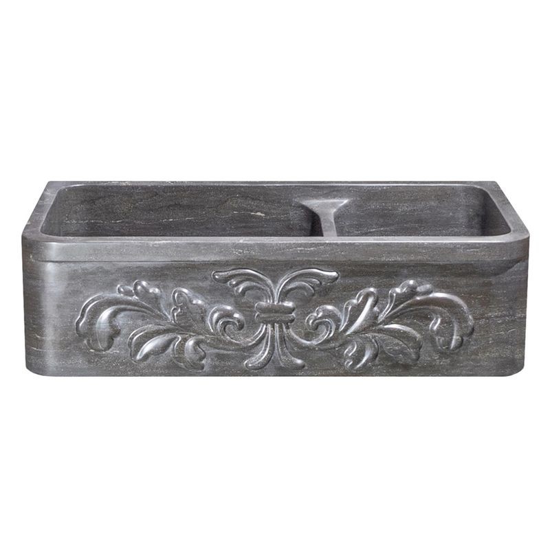 ALLSTONE GROUP KF362010DB-F2-6040-BLN 36 INCH DOUBLE BOWL SMOKE BROWN LIMESTONE FLORAL CARVING FRONT FARMHOUSE KITCHEN SINK - HONED