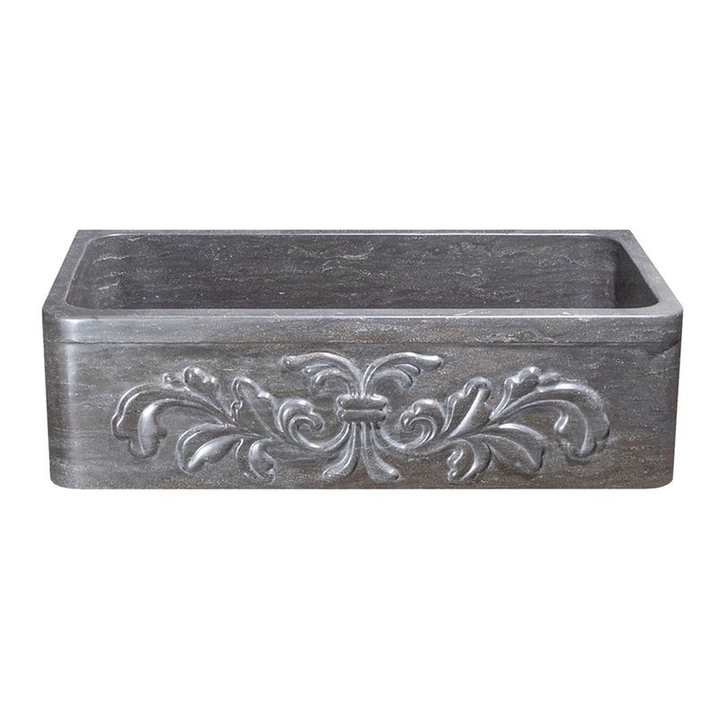 ALLSTONE GROUP KF362010SB-F2-BLN 36 INCH SINGLE BOWL SMOKE BROWN LIMESTONE FLORAL CARVING FRONT FARMHOUSE KITCHEN SINK - HONED
