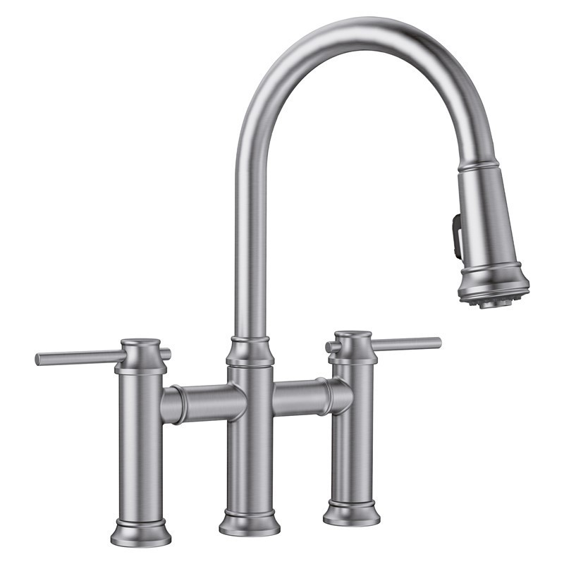 BLANCO 442505 EMPRESSA 16 1/4 INCH PULL-DOWN BRIDGE KITCHEN FAUCET WITH LEVER HANDLE - PVD STEEL