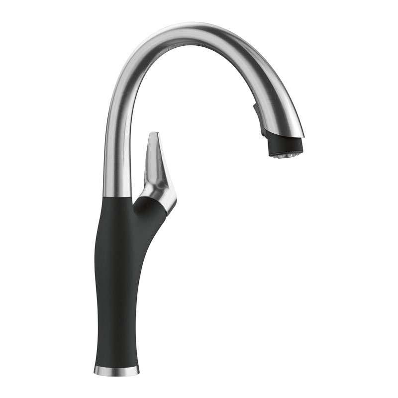 BLANCO 526401 ARTONA 15 3/4 INCH PULL-DOWN KITCHEN FAUCET WITH LEVER HANDLE - PVD STEEL AND COAL BLACK