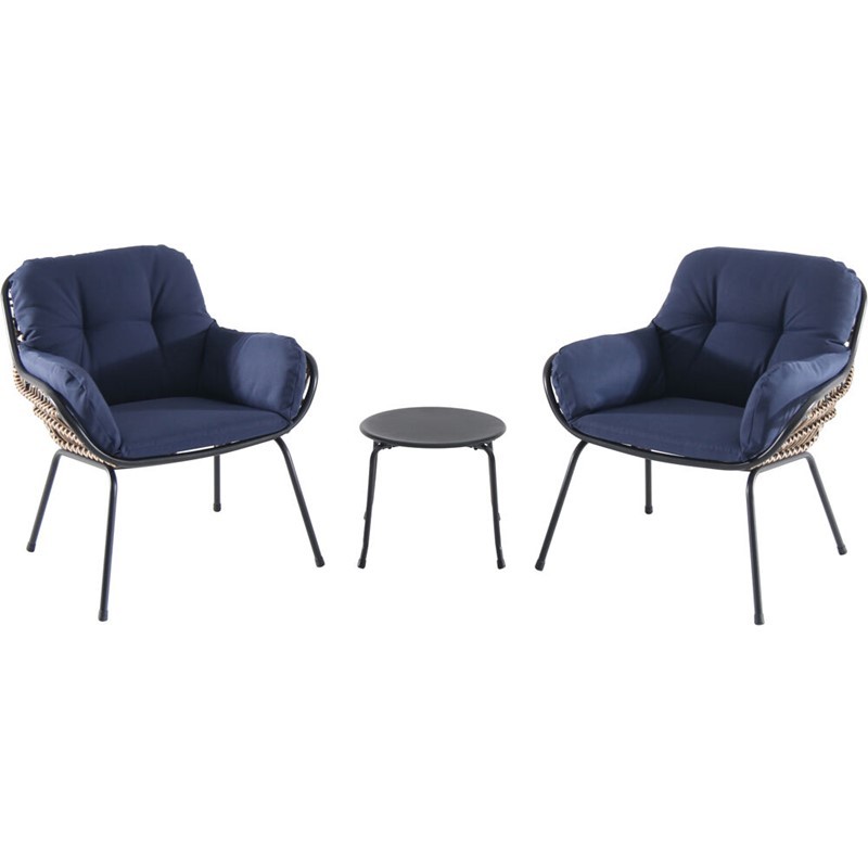 MOD BALI3PC-NVY BALI 3-PIECE CHAT SET WITH CUSHIONS - NAVY BLUE AND MATTE BLACK