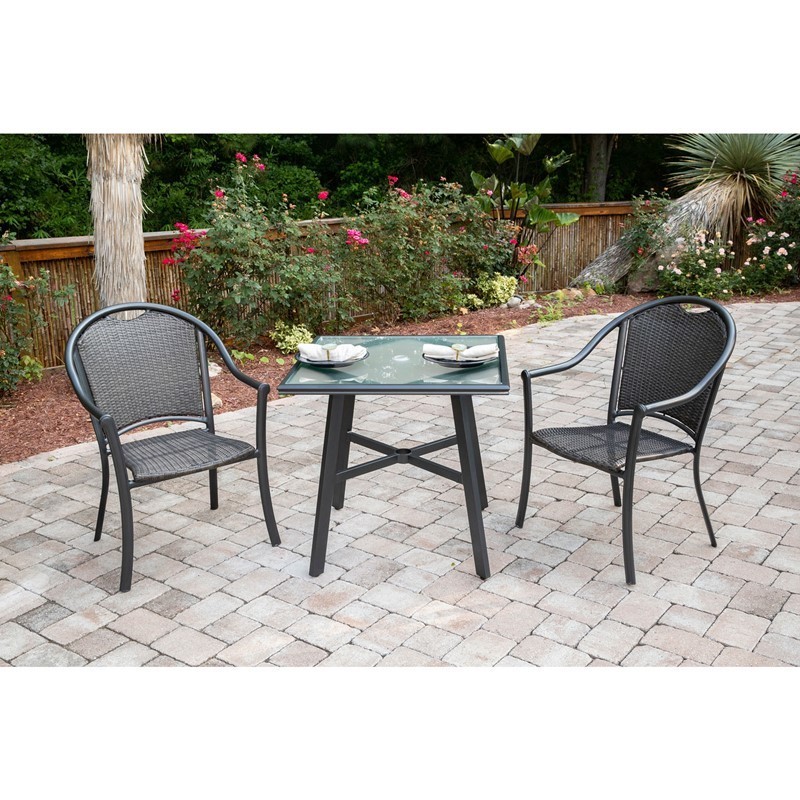 HANOVER BAMDN3PCG BAMBRAY 3-PIECE COMMERCIAL GRADE PATIO SET WITH 2 WOVEN DINING CHAIRS AND GLASS TOP BISTRO TABLE - BROWN