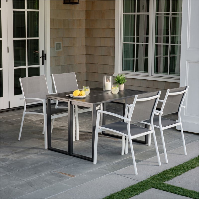 HANOVER CONDN5PC-WHT CONRAD 5-PIECE COMPACT OUTDOOR DINING SET WITH 4 STACKABLE SLING CHAIRS AND CONVERTIBLE SLATTED TABLE - WHITE AND GRAY