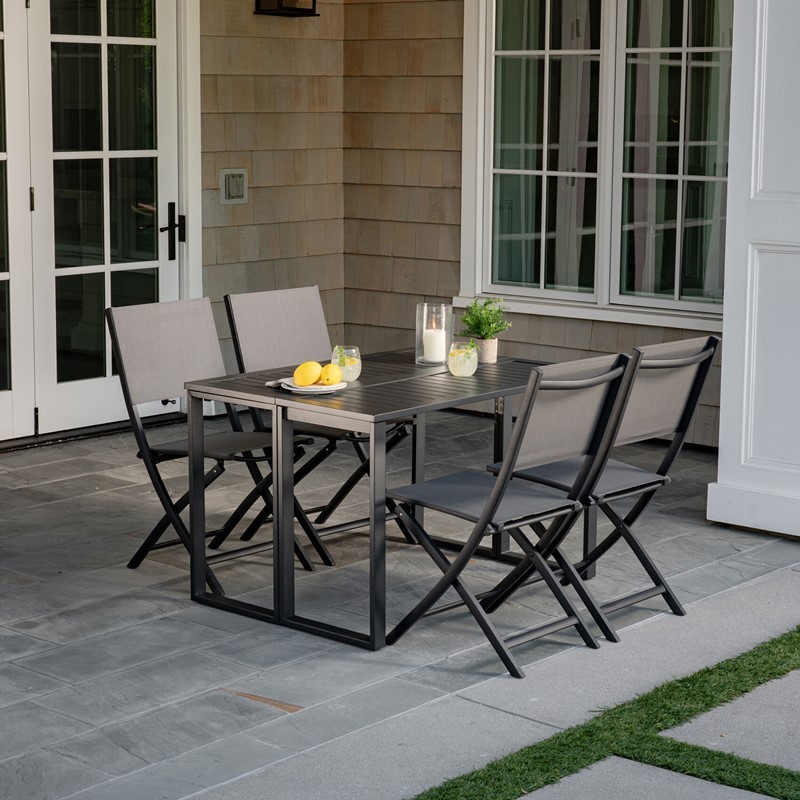 HANOVER CONDN5PCFD-GRY CONRAD 5-PIECE COMPACT OUTDOOR DINING SET WITH 4 FOLDING SLING CHAIRS AND CONVERTIBLE SLATTED TABLE - GRAY