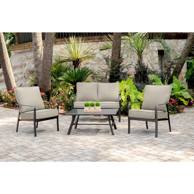 HANOVER CORT4PCL-ASH CORTINO 4-PIECE COMMERCIAL-GRADE PATIO SEATING SET WITH 2 CUSHIONED CLUB CHAIRS, LOVESEAT AND SLAT TOP COFFEE TABLE - CAST ASH AND GUNMETAL