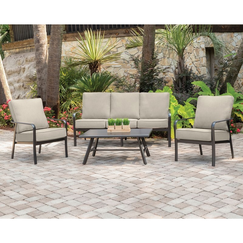 HANOVER CORT4PCS-ASH CORTINO 4-PIECE COMMERCIAL-GRADE PATIO SEATING SET WITH 2 CUSHIONED CLUB CHAIRS, SOFA AND SLAT TOP COFFEE TABLE - CAST ASH AND GUNMETAL