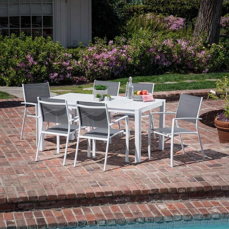 HANOVER DELDNS7PC-WW DEL MAR 7-PIECE OUTDOOR DINING SET WITH 6 SLING CHAIRS AND DINING TABLE - WHITE AND GRAY