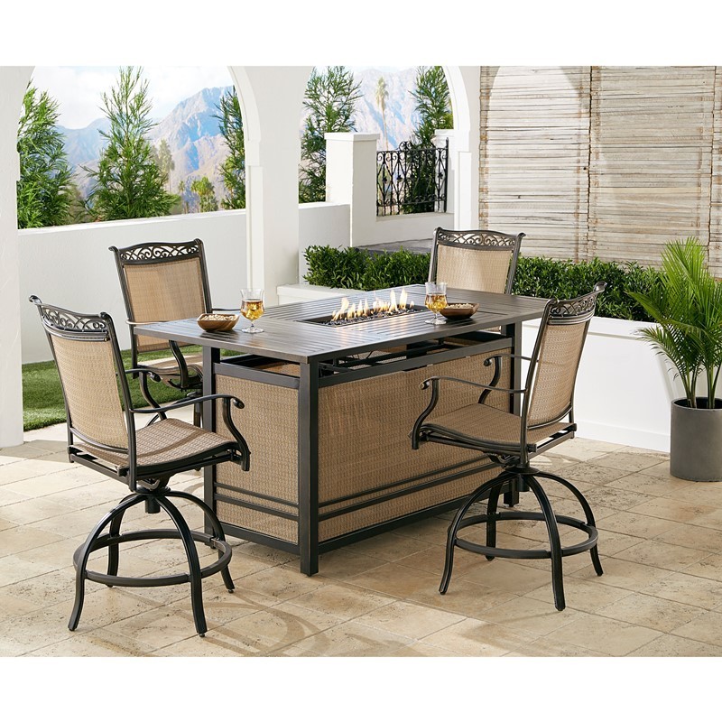HANOVER FNT5PCPFPBR FONTANA 5-PIECE HIGH DINING SET WITH 4 COUNTER HEIGHT SWIVEL CHAIRS AND FIRE PIT DINING TABLE - TAN AND BRONZE