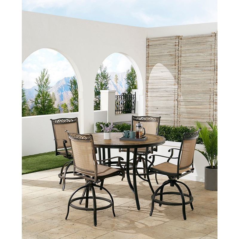 HANOVER FNTDN5PCPBRTN FONTANA 5-PIECE HIGH DINING SET WITH 4 COUNTER HEIGHT SWIVEL CHAIRS AND TILE TOP TABLE - TAN AND BRONZE