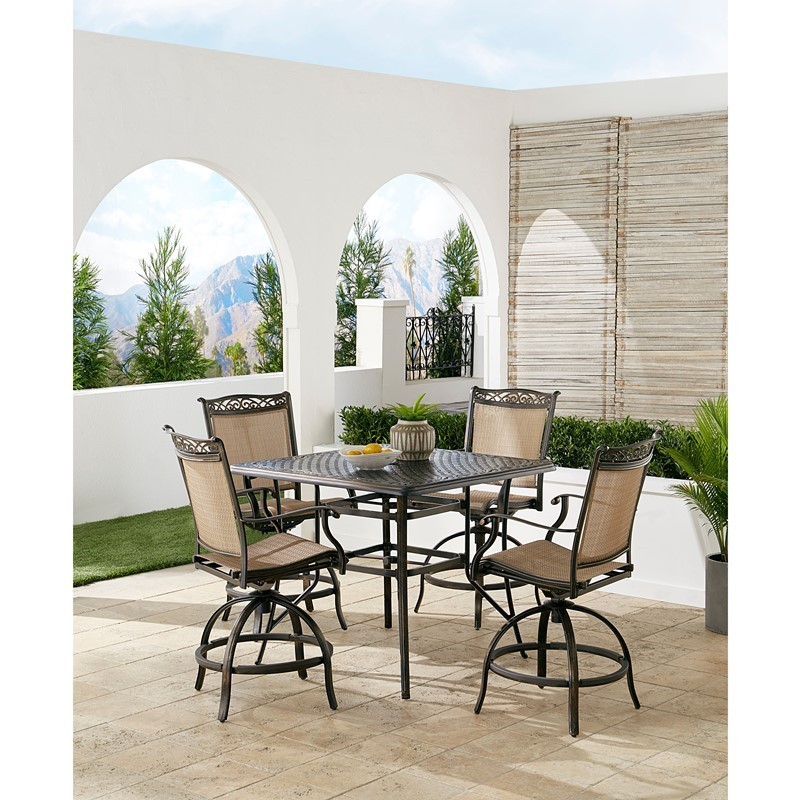 HANOVER FNTDN5PCPSQBR FONTANA 5-PIECE HIGH DINING SET WITH 4 COUNTER HEIGHT SWIVEL CHAIRS AND CAST TOP TABLE - TAN AND BRONZE