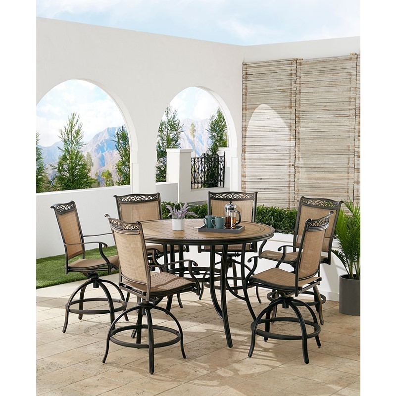 HANOVER FNTDN7PCPBRTN FONTANA 7-PIECE HIGH DINING SET WITH 6 COUNTER HEIGHT SWIVEL CHAIRS AND TILE TOP TABLE - TAN AND BRONZE