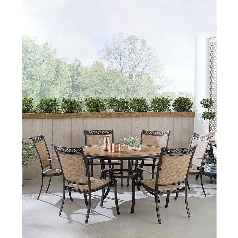 HANOVER FNTDN7PCRDTN FONTANA 7-PIECE OUTDOOR DINING SET WITH 6 SLING CHAIRS AND TILE TOP TABLE - TAN AND BRONZE