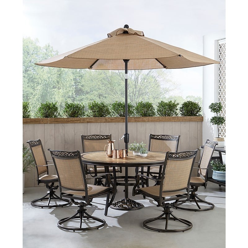 HANOVER FNTDN7PCSW6RDTN-SU FONTANA 7-PIECE OUTDOOR DINING SET WITH 6 SLING SWIVEL ROCKERS, TILE TOP TABLE AND UMBRELLA - TAN AND BRONZE