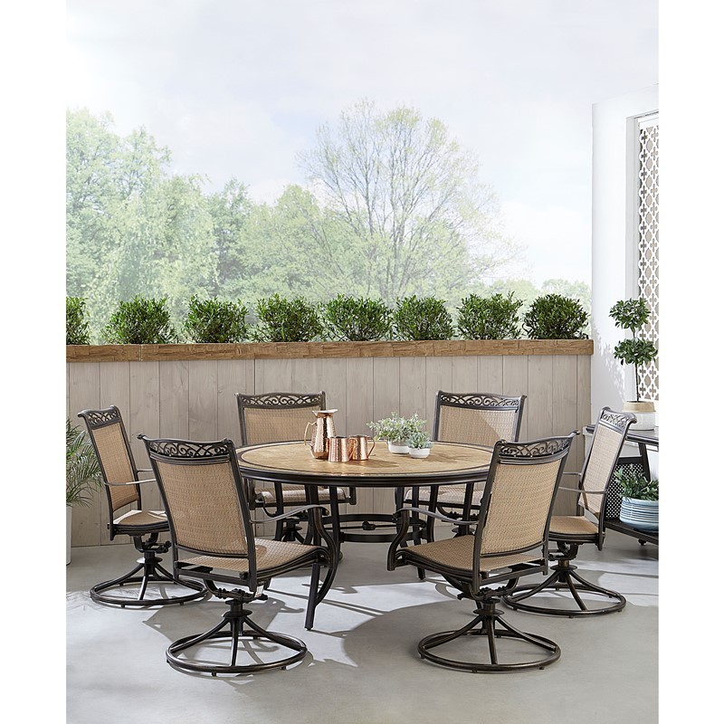 HANOVER FNTDN7PCSW6RDTN FONTANA 7-PIECE OUTDOOR DINING SET WITH 6 SLING SWIVEL ROCKERS AND TILE TOP TABLE - TAN AND BRONZE