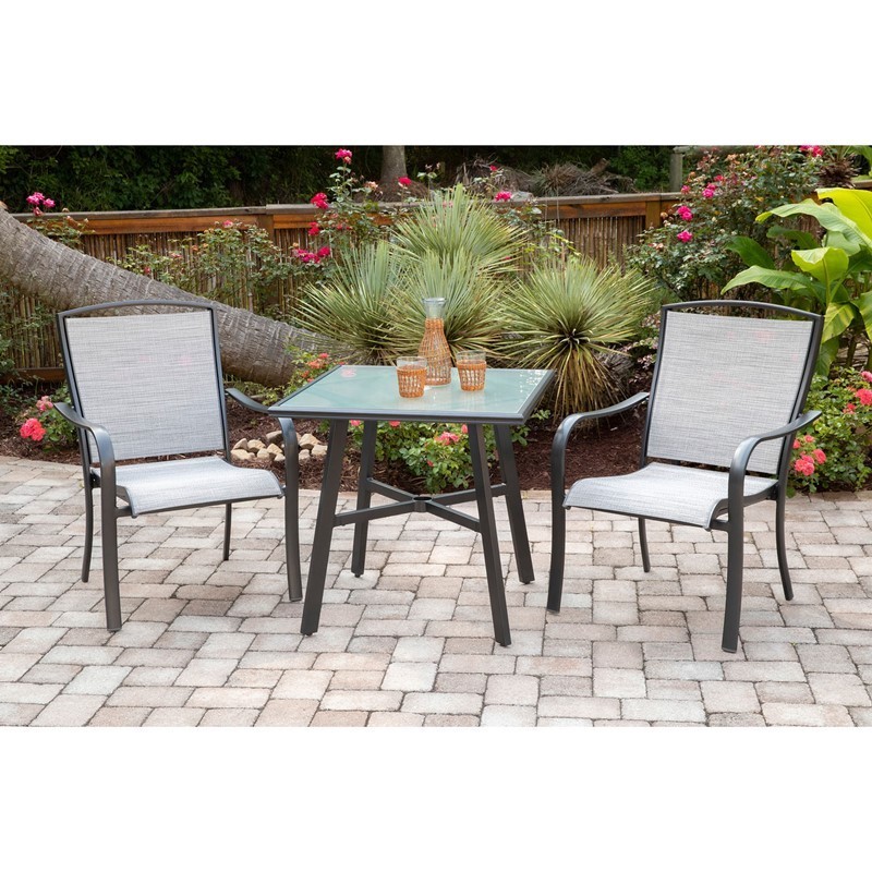 HANOVER FOXDN3PCG-GRY FOXHILL 3-PIECE COMMERCIAL-GRADE BISTRO SET WITH 2 SLING DINING CHAIRS AND SQUARE GLASS TOP TABLE - GRAY AND GUNMETAL