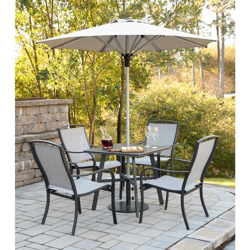 HANOVER FOXDN5PCS-G-SU FOXHILL 5-PIECE COMMERCIAL-GRADE PATIO DINING SET WITH 4 SLING DINING CHAIRS, SQUARE SLAT TOP TABLE, UMBRELLA AND BASE - GREY AND GUNMETAL