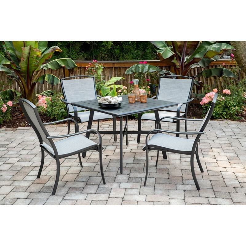 HANOVER FOXDN5PCS-GRY FOXHILL 5-PIECE COMMERCIAL-GRADE PATIO DINING SET WITH 4 SLING DINING CHAIRS AND SQUARE SLAT TOP TABLE - GREY AND GUNMETAL
