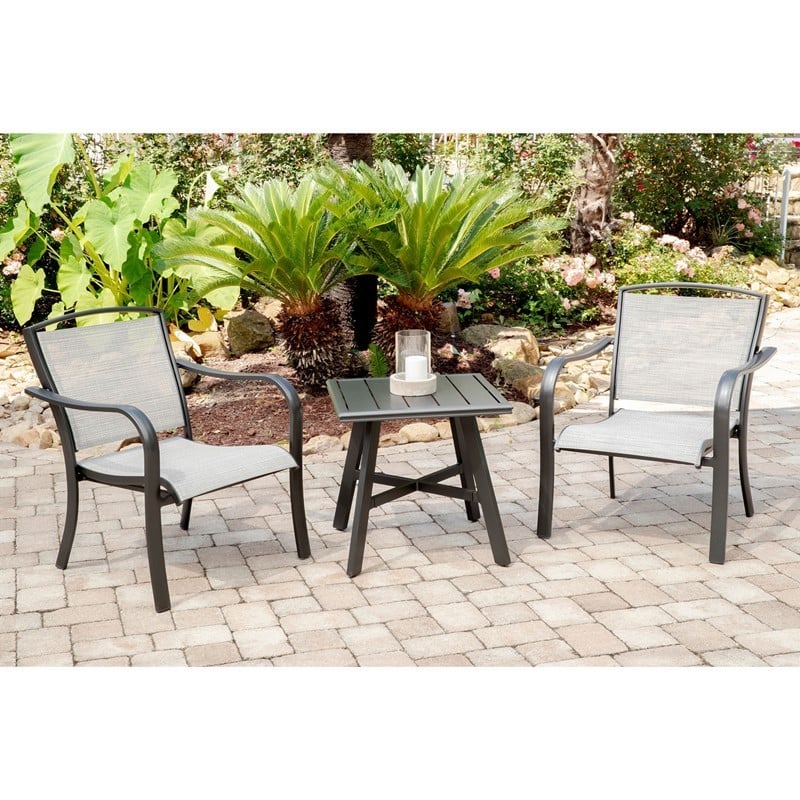 HANOVER FOXHILL3PC-GRY FOXHILL 3-PIECE COMMERCIAL-GRADE PATIO SEATING SET WITH 2 SLING LOUNGE CHAIRS AND SQUARE SLAT TOP SIDE TABLE - GREY AND GUNMETAL