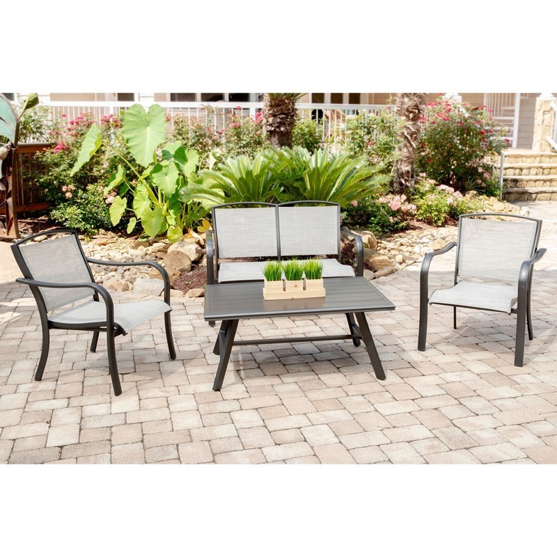 HANOVER FOXHILL4PC-GRY FOXHILL 4-PIECE COMMERCIAL-GRADE PATIO SEATING SET WITH 2 SLING LOUNGE CHAIRS, SLING LOVESEAT AND SLAT TOP COFFEE TABLE - GREY AND GUNMETAL
