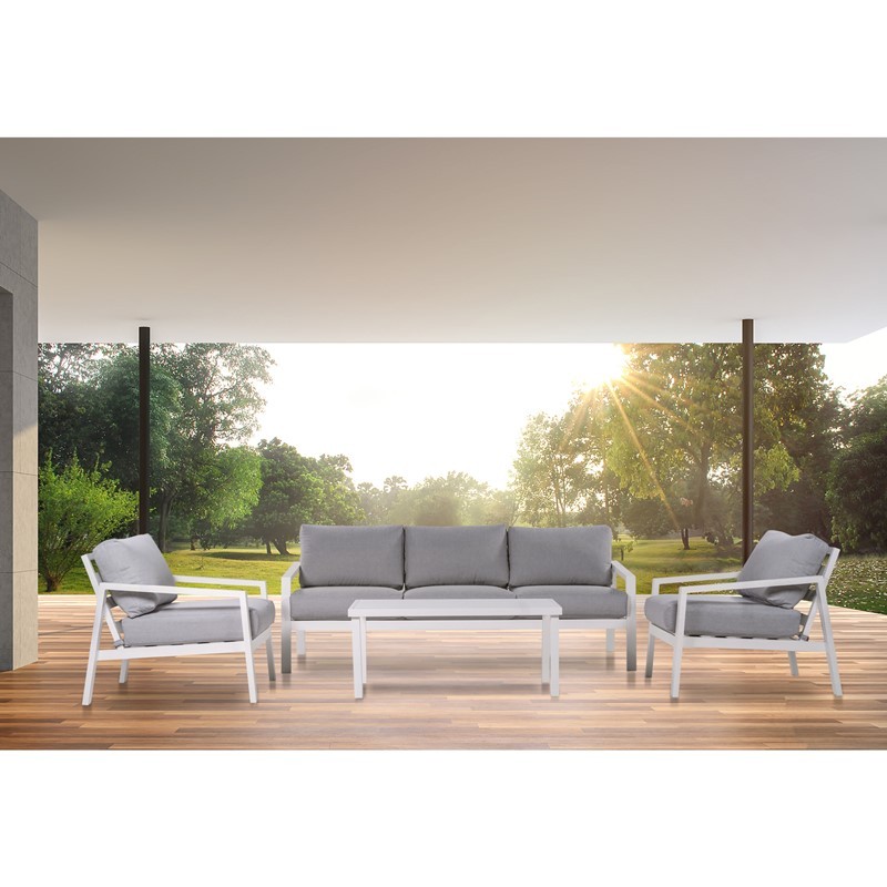 MOD GRYSN4PC-GRY GREYSON 4-PIECE CONVERSATION SET WITH 2 ALUMINUM SIDE CHAIRS, SOFA AND SLAT TOP COFFEE TABLE - GREY AND WHITE