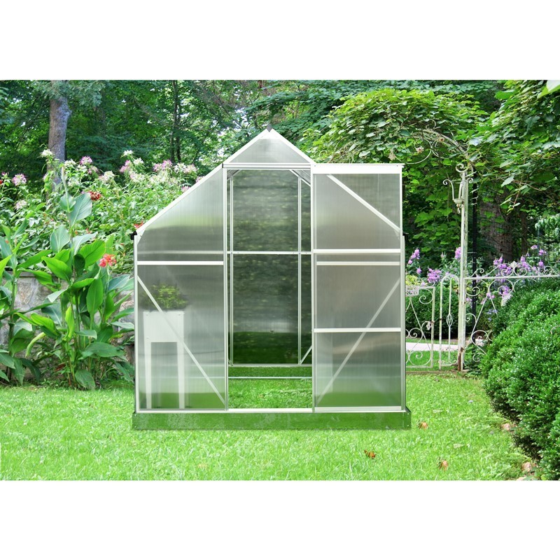 HANOVER HANGRNHS6X6-NAT POLYCARBONATE WALK-IN GREENHOUSE WITH ALUMINUM FRAME, GALVANIZED STEEL BASE, SIDING DOOR AND AUTOMATIC VENT OPENER - CLEAR