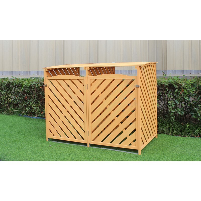 HANOVER HANWS0104-NAT 58 5/8 INCH WOODEN TRASH AND RECYCLABLES BIN STORAGE SHED WITH DUAL FRONT DOORS AND HINGED TOP LIDS - NATURAL