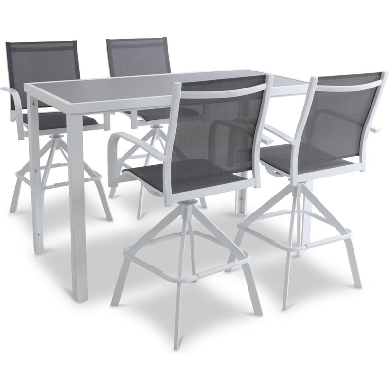 MOD HARPDN5PCBR-WHT HARPER 5-PIECE OUTDOOR HIGH - DINING SET WITH 4 SWIVEL BAR CHAIRS AND GLASS TOP BAR TABLE - WHITE