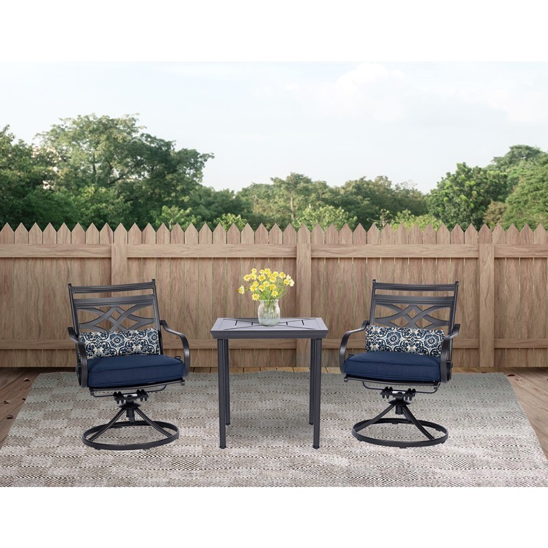HANOVER MCLRDN3PCSW2-NVY MONTCLAIR 3-PIECE BISTRO DINING SET WITH 2 SWIVEL ROCKERS AND SQUARE TABLE - NAVY AND BROWN