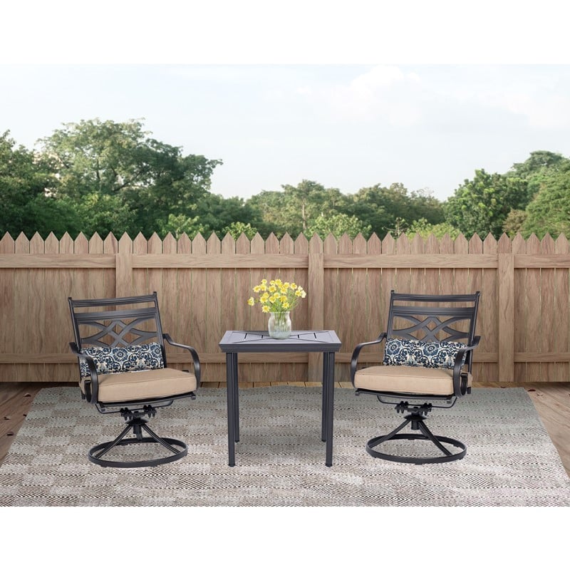 HANOVER MCLRDN3PCSW2-TAN MONTCLAIR 3-PIECE BISTRO DINING SET WITH 2 SWIVEL ROCKERS AND SQUARE TABLE - TAN AND BROWN