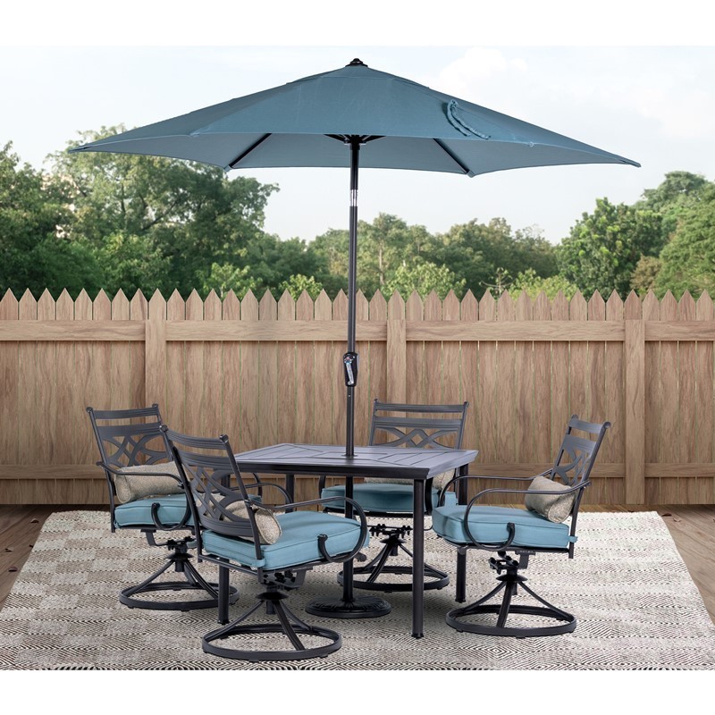 HANOVER MCLRDN5PCSQSW4-SU-B MONTCLAIR 5-PIECE PATIO DINING SET WITH 4 SWIVEL ROCKERS, SQUARE TABLE AND 9-FEET UMBRELLA - OCEAN BLUE AND BROWN