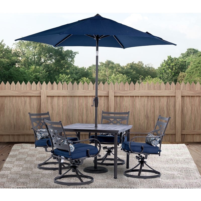 HANOVER MCLRDN5PCSQSW4-SU-N MONTCLAIR 5-PIECE PATIO DINING SET WITH 4 SWIVEL ROCKERS, SQUARE TABLE AND 9-FEET UMBRELLA - NAVY AND BROWN