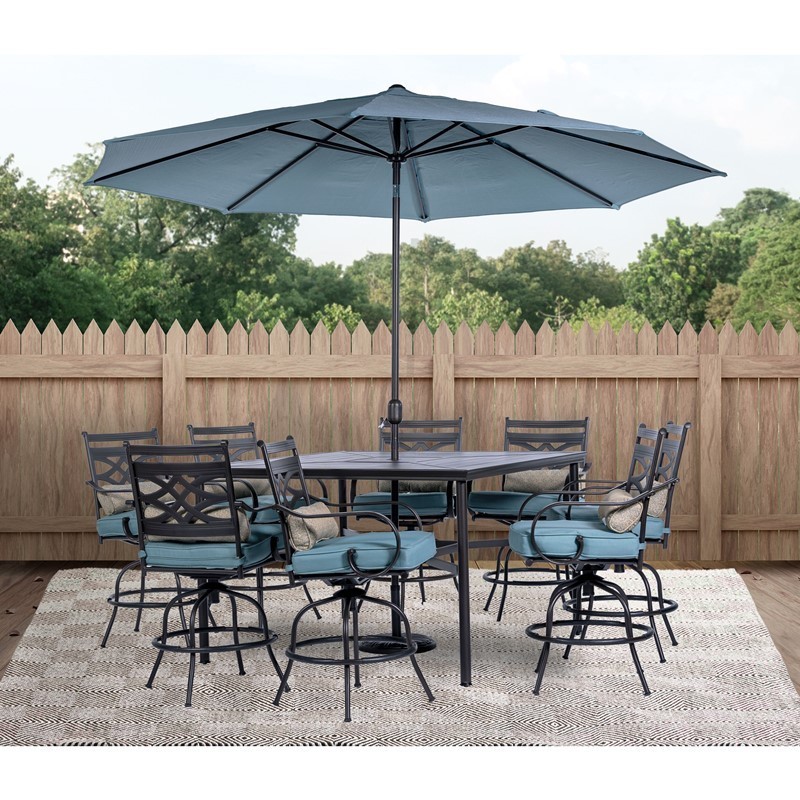 HANOVER MCLRDN9PCBRSW8-SU-B MONTCLAIR 9-PIECE HIGH-DINING SET WITH 8 COUNTER-HEIGHT SWIVEL ROCKERS, SQUARE TABLE AND 11-FEET UMBRELLA - OCEAN BLUE AND BROWN