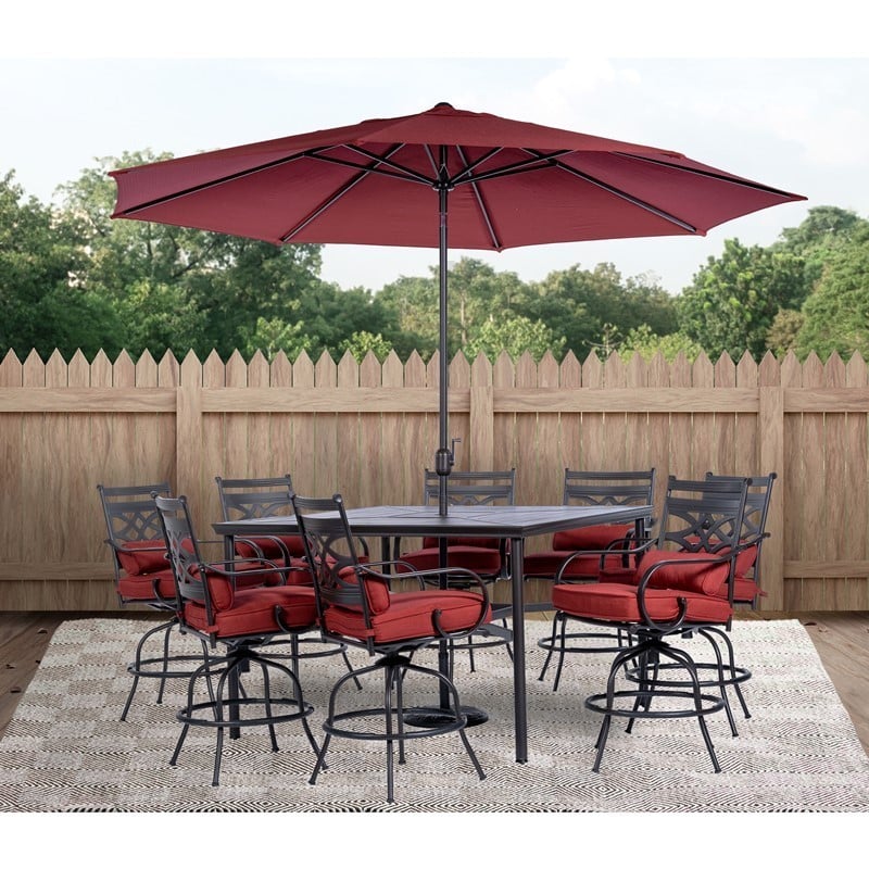 HANOVER MCLRDN9PCBRSW8-SU-C MONTCLAIR 9-PIECE HIGH-DINING SET WITH 8 COUNTER-HEIGHT SWIVEL ROCKERS, SQUARE TABLE AND 11-FEET UMBRELLA - CHILI RED AND BROWN