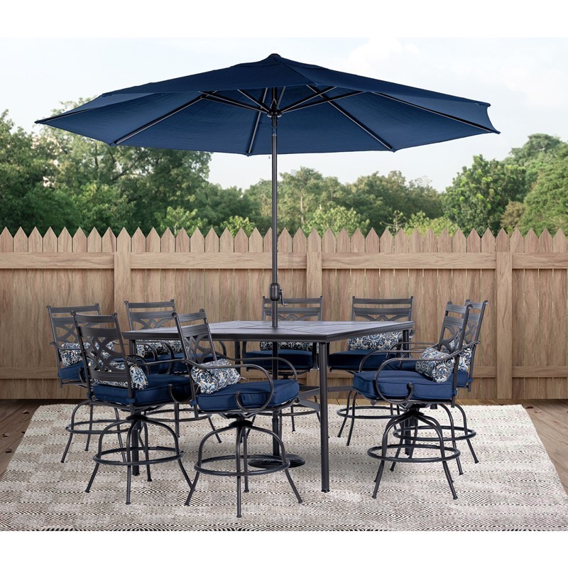HANOVER MCLRDN9PCBRSW8-SU-N MONTCLAIR 9-PIECE HIGH-DINING SET WITH 8 COUNTER-HEIGHT SWIVEL ROCKERS, SQUARE TABLE AND 11-FEET UMBRELLA - NAVY BLUE AND BROWN