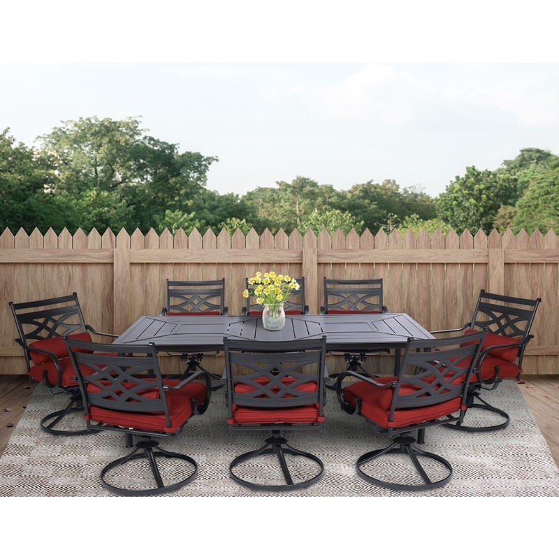 HANOVER MCLRDN9PCSW8-CHL MONTCLAIR 9-PIECE DINING SET WITH 8 SWIVEL ROCKERS AND TABLE - CHILI RED AND BROWN