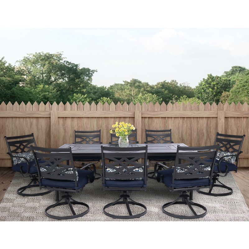 HANOVER MCLRDN9PCSW8-NVY MONTCLAIR 9-PIECE DINING SET WITH 8 SWIVEL ROCKERS AND TABLE - NAVY BLUE AND BROWN