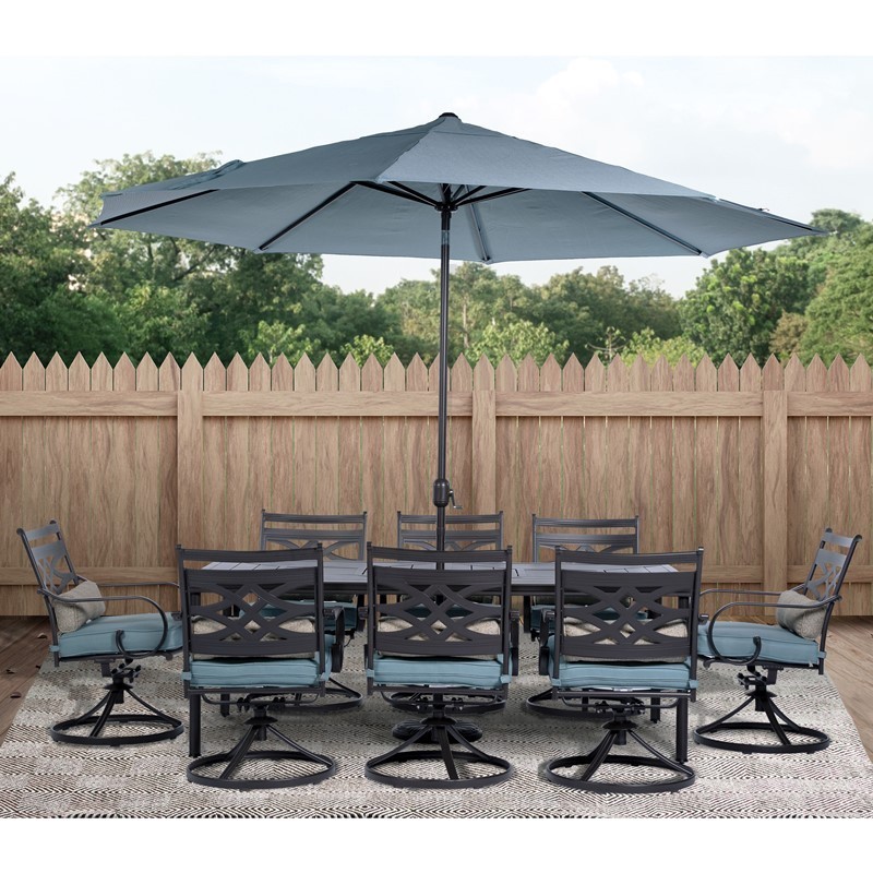 HANOVER MCLRDN9PCSW8-SU-B MONTCLAIR 9-PIECE DINING SET WITH 8 SWIVEL ROCKERS, 11-FEET UMBRELLA AND UMBRELLA STAND - OCEAN BLUE AND BROWN
