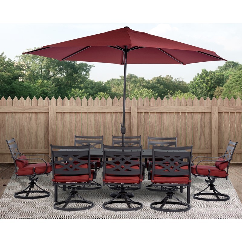 HANOVER MCLRDN9PCSW8-SU-C MONTCLAIR 9-PIECE DINING SET WITH 8 SWIVEL ROCKERS, 11-FEET UMBRELLA AND UMBRELLA STAND - CHILI RED AND BROWN