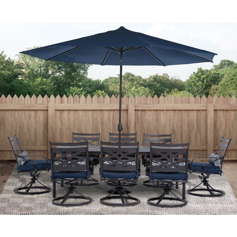 HANOVER MCLRDN9PCSW8-SU-N MONTCLAIR 9-PIECE DINING SET WITH 8 SWIVEL ROCKERS, 11-FEET UMBRELLA AND UMBRELLA STAND - NAVY BLUE AND BROWN