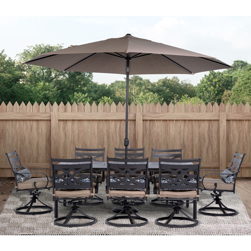 HANOVER MCLRDN9PCSW8-SU-T MONTCLAIR 9-PIECE DINING SET WITH 8 SWIVEL ROCKERS, 11-FEET UMBRELLA AND UMBRELLA STAND - TAN AND BROWN