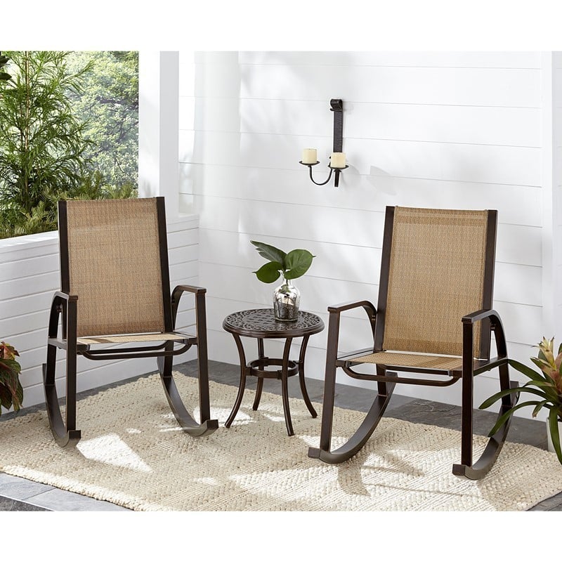 HANOVER MON3PCRKR MONACO 3-PIECE ROCKING CHAIR SET WITH 2 SLING ROCKING CHAIRS AND SIDE TABLE - TAN AND BRONZE