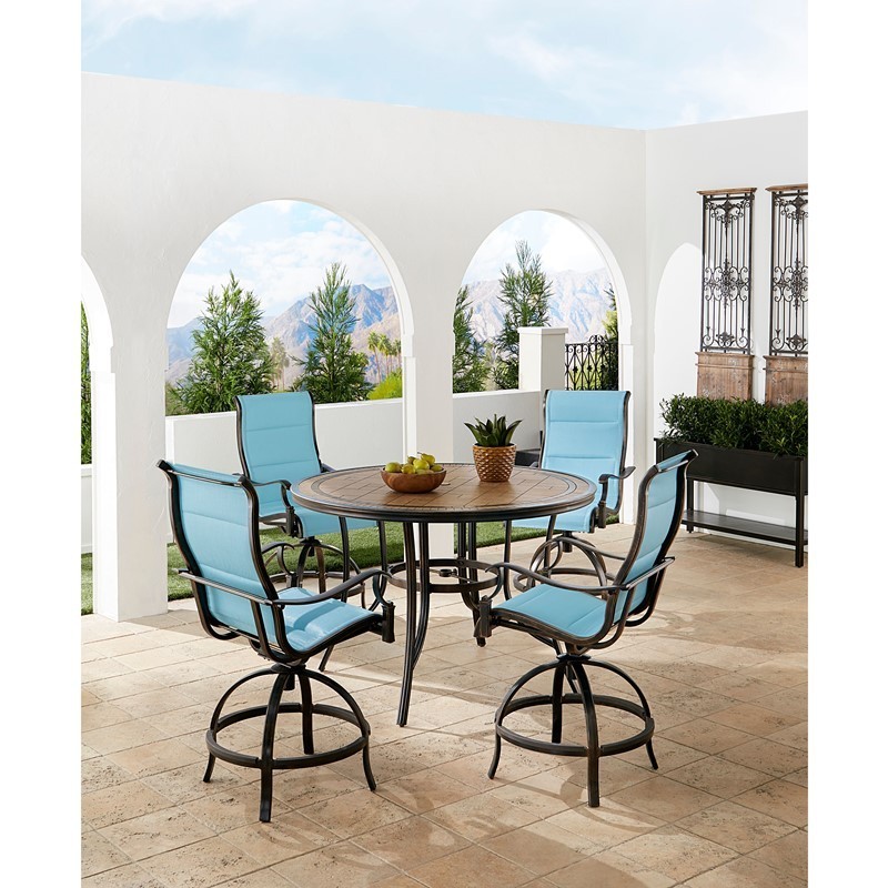 HANOVER MONDN5PCPDBR-C-BLU MONACO 5-PIECE HIGH-DINING SET WITH 4 PADDED COUNTER-HEIGHT SWIVEL CHAIRS AND TILE TOP TABLE - BLUE AND BRONZE