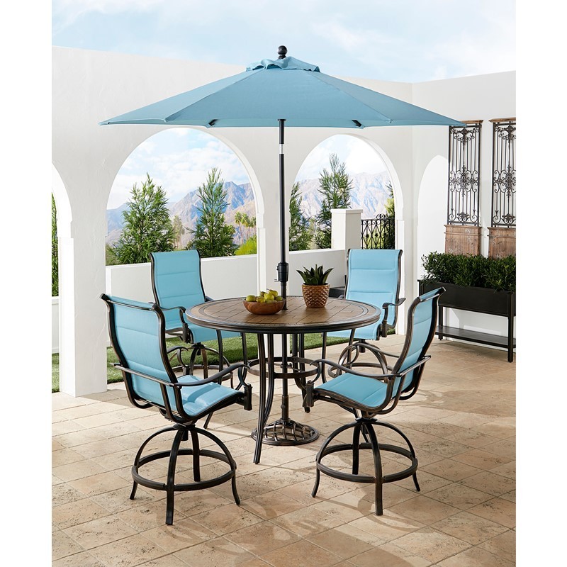 HANOVER MONDN5PCPDBRC-SU-B MONACO 5-PIECE HIGH-DINING SET WITH 4 PADDED COUNTER-HEIGHT SWIVEL CHAIRS, TILE TOP TABLE AND 9-FEET UMBRELLA - BLUE AND BONZE