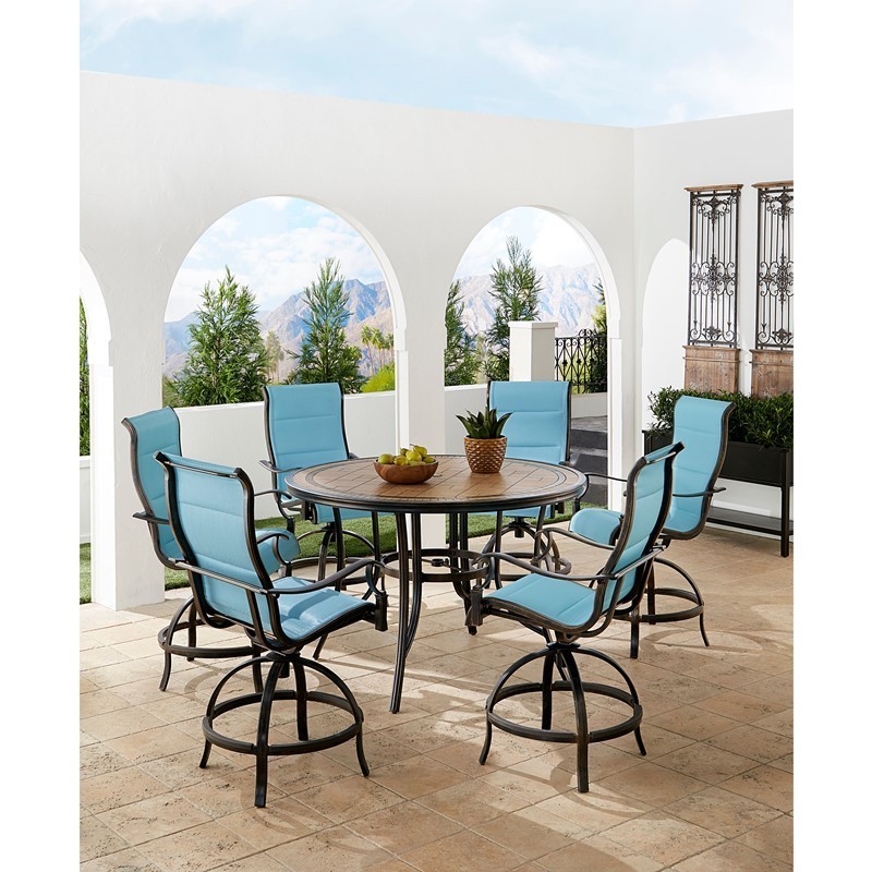 HANOVER MONDN7PCPDBR-C-BLU MONACO 7-PIECE HIGH DINING SET WITH 6 PADDED COUNTER HEIGHT SWIVEL CHAIRS AND TILE TOP TABLE - BLUE AND BRONZE