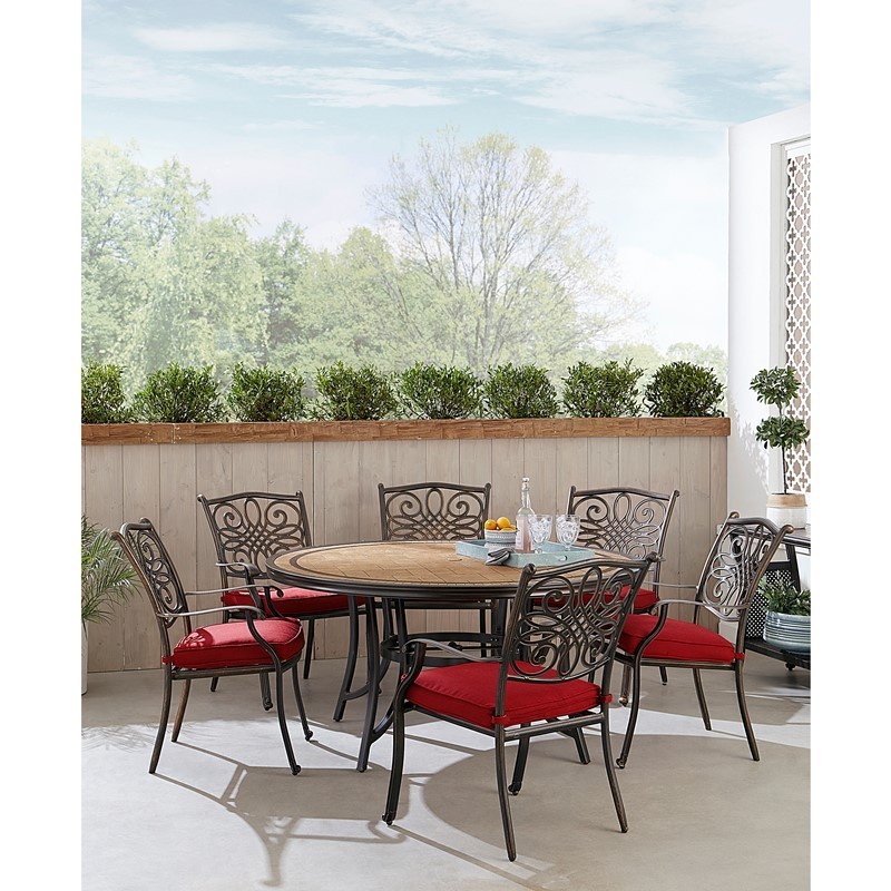 HANOVER MONDN7PCRDTL-C-RED MONACO 7-PIECE DINING SET WITH SIX DINING CHAIRS AND TILE TOP TABLE - RED AND BRONZE